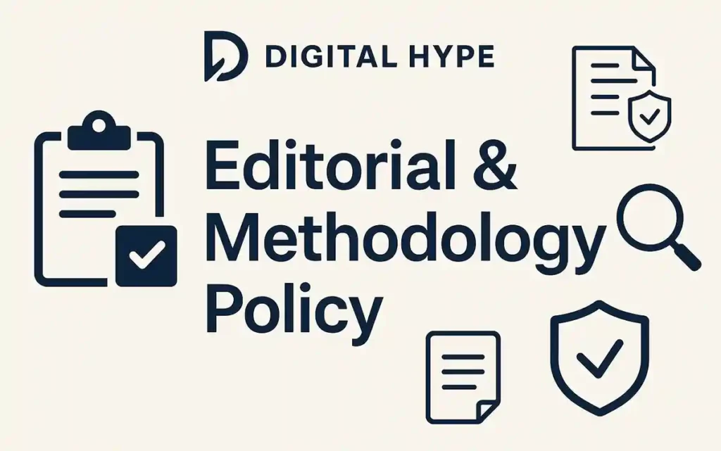 Digital Hype Editorial & Methodology Policy banner with brand logo and icons representing trust, accuracy, and transparency