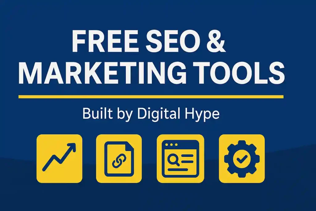 Hero image for Digital Hype’s free SEO and marketing tools, including ROI calculator, UTM builder, SERP preview and more.