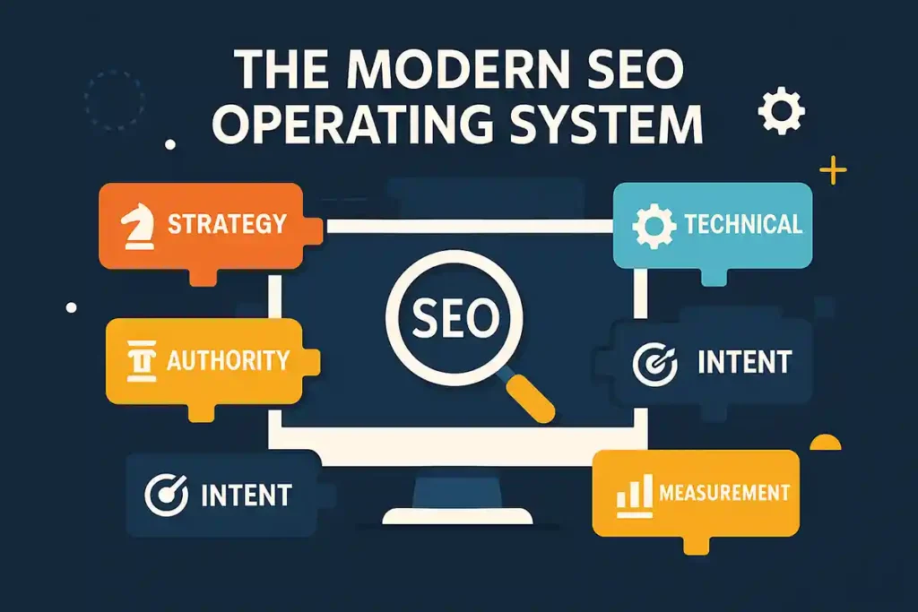 Flat design illustration of the Modern SEO Operating System showing five key levers — Strategy, Technical, Authority, Intent, and Measurement — connected around a central SEO magnifying glass on a computer screen.
