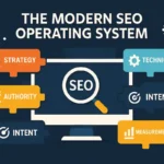 Flat design illustration of the Modern SEO Operating System showing five key levers — Strategy, Technical, Authority, Intent, and Measurement — connected around a central SEO magnifying glass on a computer screen.