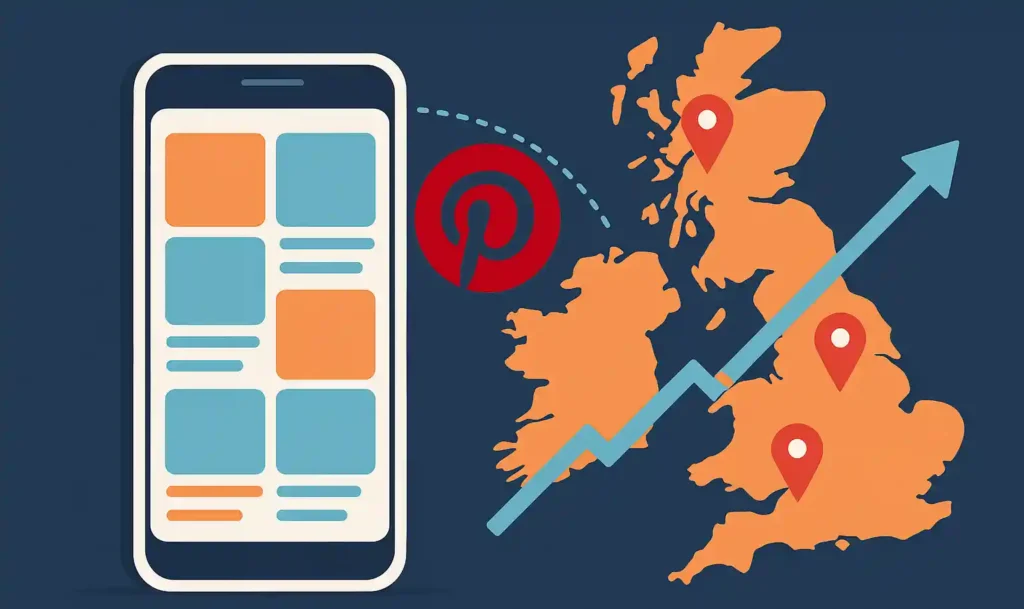 Digital illustration of Pinterest marketing in the UK showing smartphone with pins and UK map with growth arrow, symbolising business growth through Pinterest.