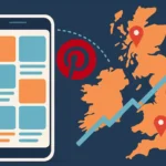 Digital illustration of Pinterest marketing in the UK showing smartphone with pins and UK map with growth arrow, symbolising business growth through Pinterest.
