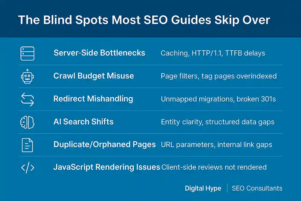 Infographic highlighting SEO blind spots: server-side bottlenecks, crawl budget misuse, redirect mishandling, AI search shifts, duplicate/orphaned pages, JavaScript rendering issues, schema misuse and SSL lapses. Digital Hype | SEO Consultants.