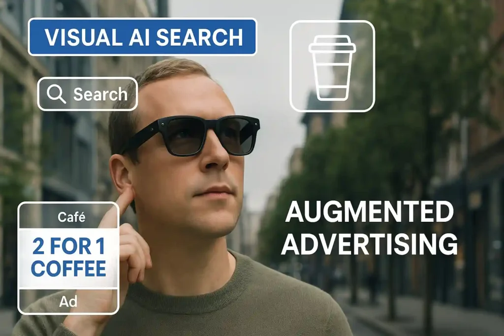 A man wearing AI-powered smart glasses in a city street, with augmented reality overlays showing visual AI search results and an ad for coffee — concept of visual search and augmented advertising.