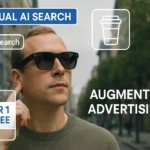 A man wearing AI-powered smart glasses in a city street, with augmented reality overlays showing visual AI search results and an ad for coffee — concept of visual search and augmented advertising.