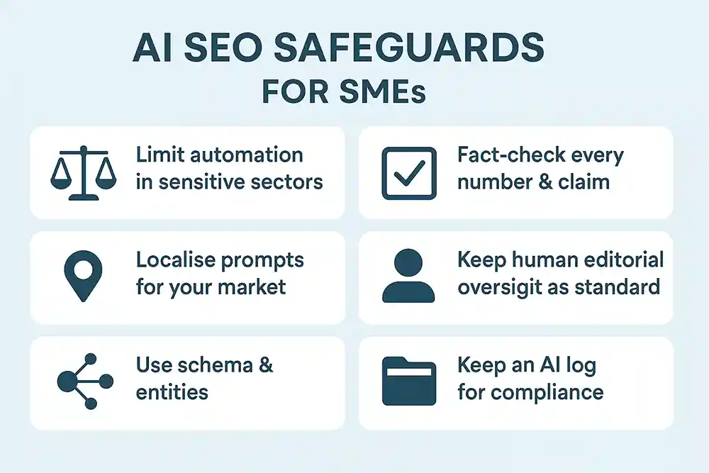 AI SEO Safeguards infographic for SMEs showing six practices: limit automation in sensitive sectors, fact-check numbers and claims, localise prompts, maintain human editorial oversight, use schema and entities, and keep an AI log for compliance.