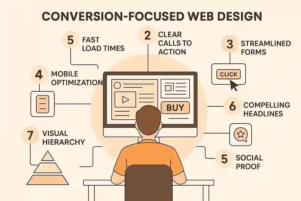 Illustration of a person at a computer surrounded by five key strategies for conversion-focused web design, including clear calls to action, trust signals, and fast load times.