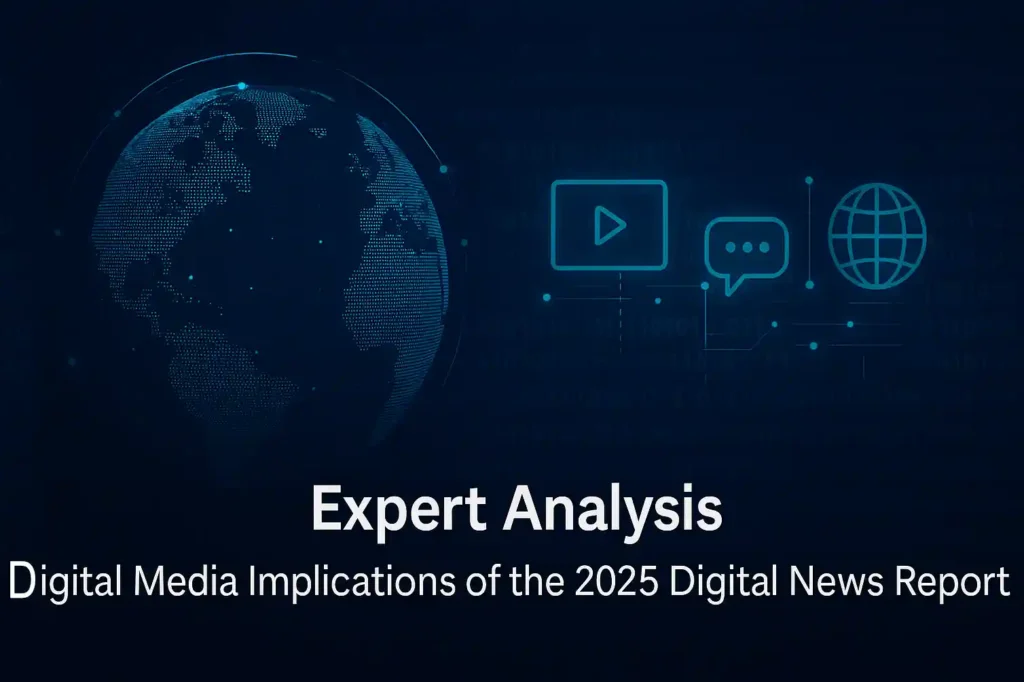 Digital Hype expert analysis of the 2025 Digital News Report showing global data connections and digital media icons.