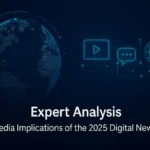 Digital Hype expert analysis of the 2025 Digital News Report showing global data connections and digital media icons.