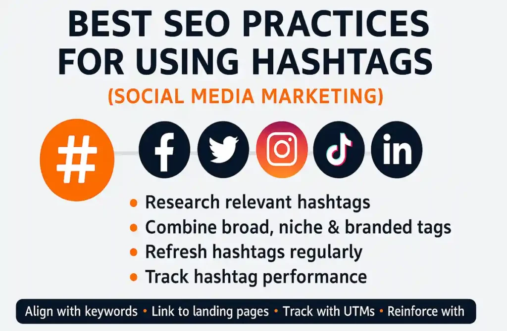 Infographic table of best practices for hashtags on Facebook, Twitter, Instagram, Pinterest, TikTok, and LinkedIn, showing optimal hashtag ranges, best uses, and example hashtags for each platform.