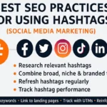 Infographic table of best practices for hashtags on Facebook, Twitter, Instagram, Pinterest, TikTok, and LinkedIn, showing optimal hashtag ranges, best uses, and example hashtags for each platform.