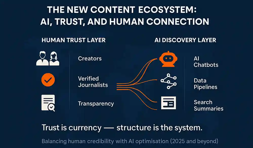Infographic showing balance between human trust layer and AI discovery layer with icons for creators, journalists, and chatbots.