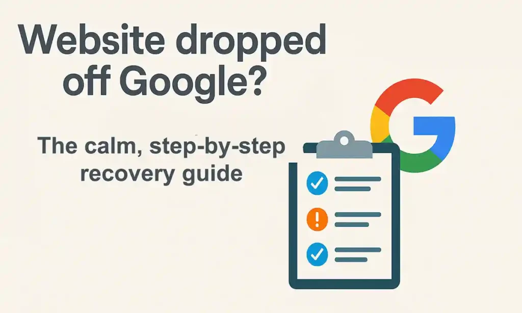 Hero image for SEO recovery guide showing a Google-style search bar with results cards dropping and an arrow lifting one back up, symbolising recovering lost website rankings. Digital Hype brand colours burnt orange, cyan, and white.