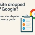 Hero image for SEO recovery guide showing a Google-style search bar with results cards dropping and an arrow lifting one back up, symbolising recovering lost website rankings. Digital Hype brand colours burnt orange, cyan, and white.