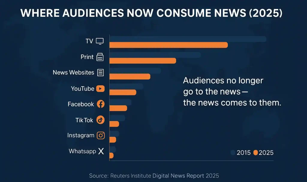 Infographic comparing 2015 vs 2025 news consumption across TV, print, and social platforms with the quote “the news comes to them.